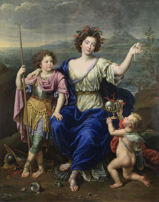 Pierre Mignard  (1612–1695), Catherine Thérèse de Goyon de Matignon-Thorigny (1662-1699) en Thétis avec ses fils en Achille et en Cupidon, 1691, National Gallery, Londres (Wikimedia Commons)